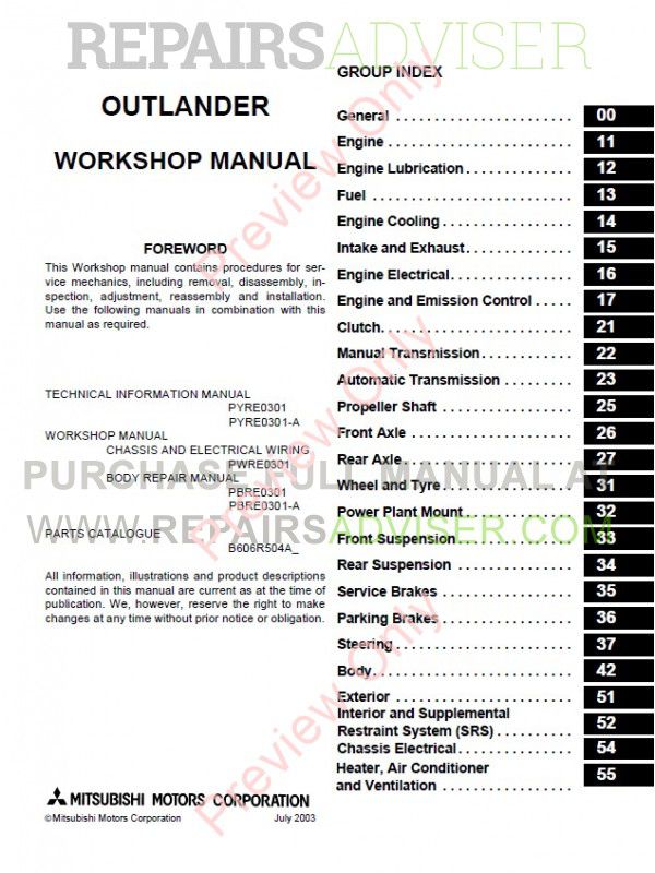 Mitsubishi Outlander 2003-2006 Workshop Manual PDF
