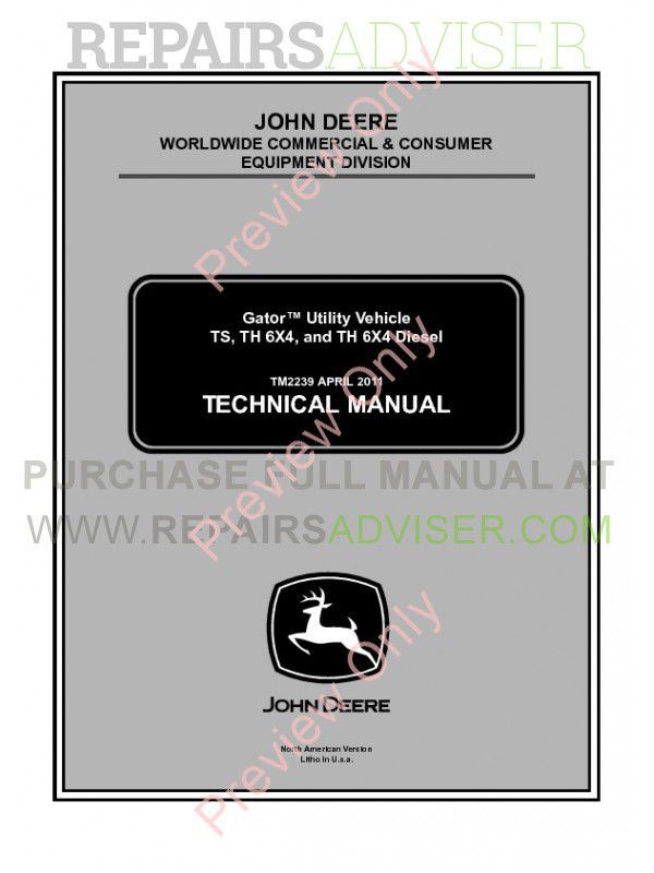 John Deere Gator Utility Vehicle TS TH 6x4 Diesel Technical Manual